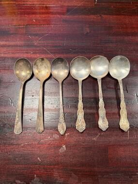 Lot of 6 Vintage Silverplate Cream/ Soup Spoons-Round Bowl-Mixed Floral Patterns